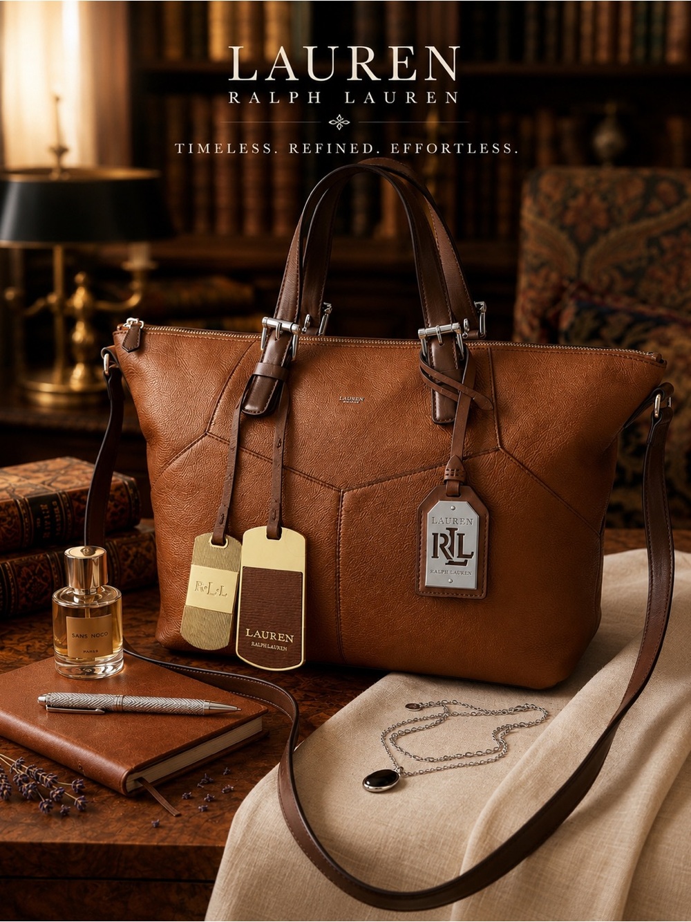 Ralph Lauren Brown &  Gold Leather Luggage Tag - Bag Charm Double Hangtag